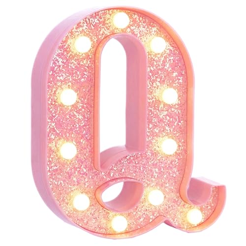Image of Pink Marquee Light Up Letters, Glitter Alphabet LED Letter Lights for Pink Birthday Party Decorations, Battery Operated Letter Sign for Girls Room Vanity Table Decor, Warm White Lights Letter Q