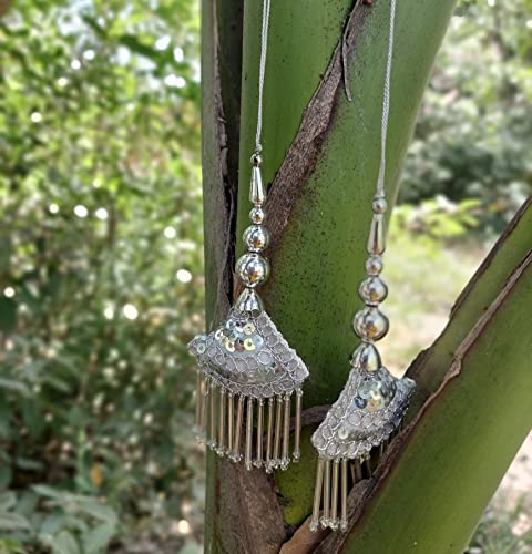 Set Of 2 Latkan Hanging For Blouse Lehenga And Saree, Beaded Tassels Boho Hippie Jewelery Making Ethnic Latkan Craft Sewing Sari Tassel Dress Material, Tassels Crafting Sewing 1 Pair (Silver) #TOP1