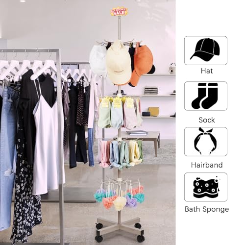 Image of Retail Display Stand Store Display Rack 5 Tier Metal Spinning Display Stand Rack with Wheels Keychain Jewelry Stocking Hat Display Stand with Hooks for Malls, Showroom, Retail Store (Grey)