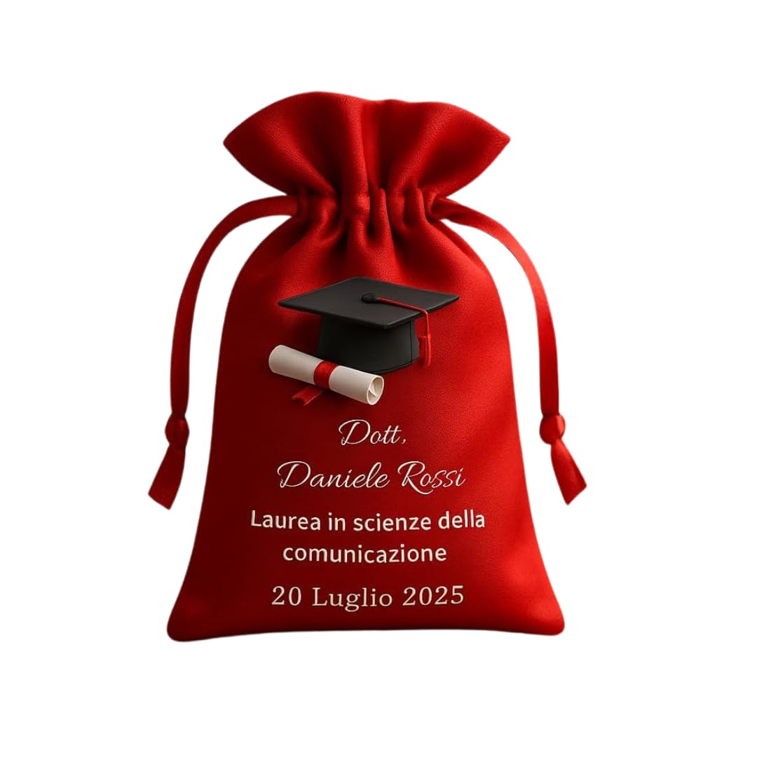 Sacchetti Laurea Personalizzati, in Raso, 12 Pezzi, Rosso, con Stampa Tocco e Pergamena, Bomboniere per Festa di Laurea