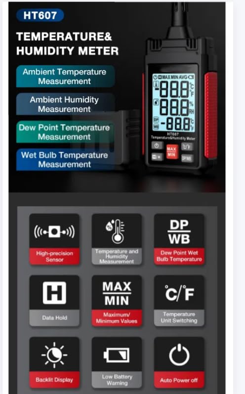HT607 Digital TempHumidity Meter Thermo-Hygrometer FarmPlastic Shed MoistureMeter