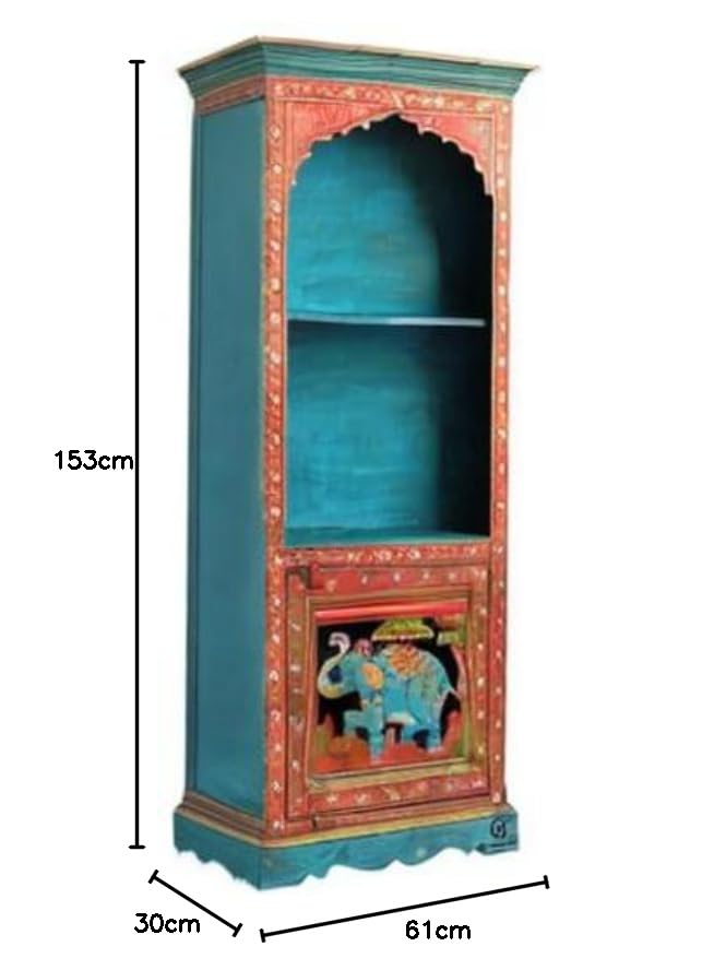 Image of Wood Elephant Flower Painted Bookshelf Corner Home Decor Book Stand Self Wood Book Storage Stand Fine Work Painted Furniture