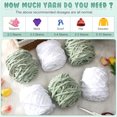 Image of Buryeah 8 Pack Chunky Chenille Yarn for Crocheting Soft Thick Fluffy Yarn for Hand Knitting Bulky Velvet Blanket Plush for Weaving DIY Crafts Each 3.5 oz 55 Yards (White,Green)