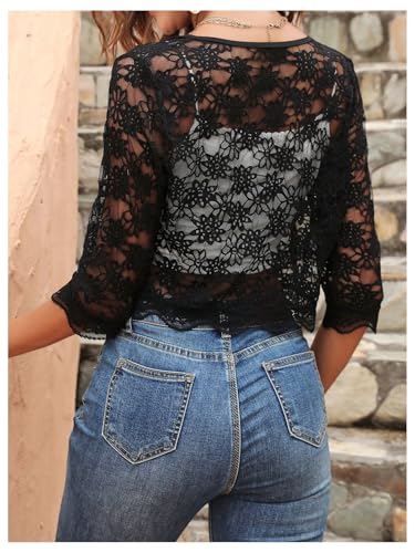 SHENHE Women's Sheer Lace Open Front 3/4 Sleeve Lightweight Cropped Jacket Shrug Bolero2
