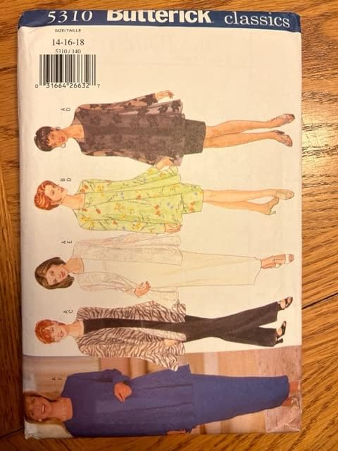 Butterick Classics 5310 - Parte superior, chaqueta, vestido y pantalones talla 14-16-18