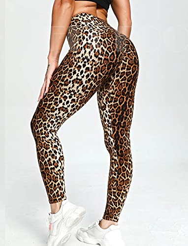 FITTOO Womens Scunch Booty Leggings Animal Texture High Waist Yoga Pants Tummy Control Workout Running Butt Lift Tights Ruched Golden Cheetah Small