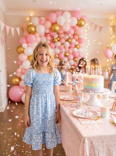 FREELYVE Girls Summer Floral Smocked Dress Square Neck Puff Sleeve Ruffle School Party Teen Sundress,Lightblue,8-9Y — view 4