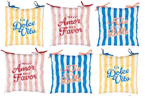 Deconation Lot De 6 Galettes De Chaises Déperlantes Extérieur/intérieur Motifs Estivaux 40x40cm - 2 Attaches Nouettes - Dolce Vita