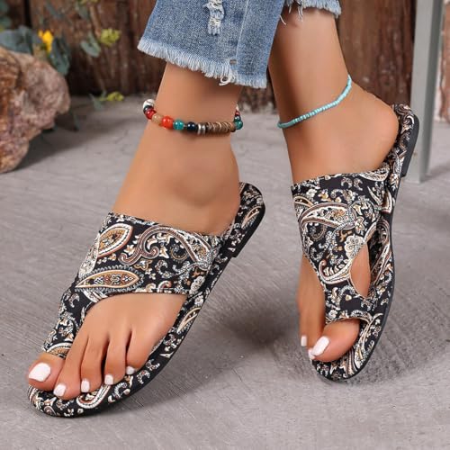 Women's Bohemian Pattern Print Slippers Flat Beach Sandals Open Toe Thong Slides Shoes Perfect for Beach, Camping, Poolside Wear4