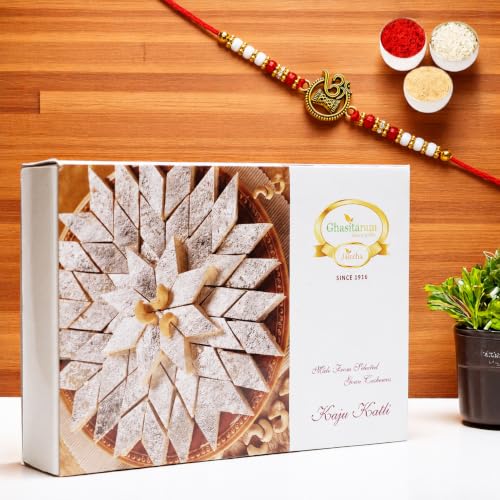 Image of Ghasitaram Gifts Rakhi Gifts For Brother Rakhi Sweets - Ghasitarams Pure Kaju Katlis Box 200 gms with Om Rakhi