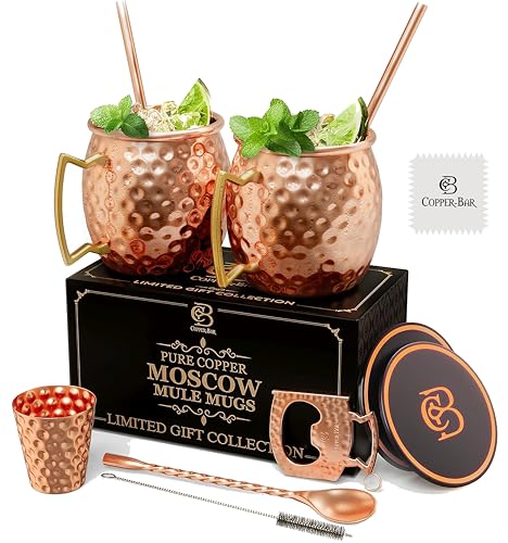 COPPER-BAR Moscow Mule Copper Mugs - Unique HANDCRAFTED Gift Set of 2, Hammered by Artisan, 100% Pure Solid Copper Cups 16oz for Drinking Water & Cocktails, Include 13 Pcs accessories & Special Opener