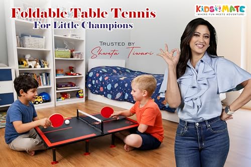 Image of Kidsmate 3-in-1 Table Tennis for Kids with Foldable Tennis Board, Ludo Game & Whiteboard | Portable Indoor Outdoor Play Table, Mini Ping Pong Set with Net, Racquet and Ball for Family Fun - Red /Black