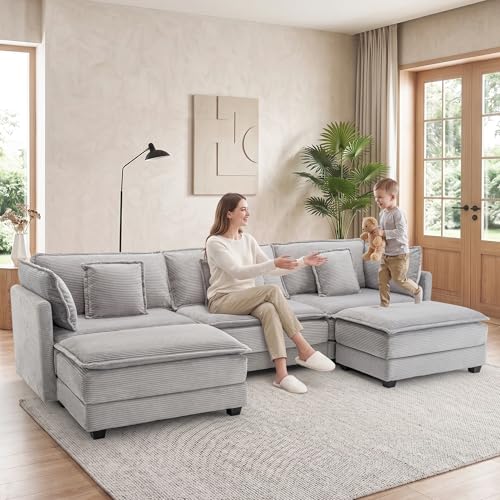 Image of Corduroy Sectional Couch, 3 Seater 113 inch U Shaped Cloud Couch with 2 Ottomans, Modular Deep Seat Sofa with Pillows for Living Room, Apartment, Lightgrey