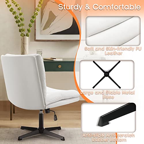 Pukami Armless Office Desk Chair No Wheels,Pu Leather Criss Cross Legged For Home,Modern Swivel Vanity And Mid-Back Computer Chair,Height Adjustable Wide Seat For Task (White) #TOP5