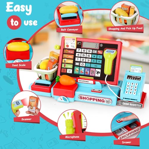 Image of Kids Cash Register with Scanner and Sound, Microphone, Shopping Basket, 52 Shop Accessories, Role-Play Toys for Children, Play Money, Children's Cash Register (Blue)