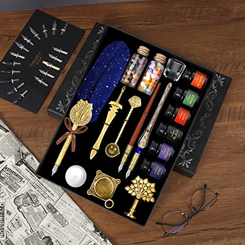 Tianren Quill Feather Dip Pen Set With 6 Bottles Of Ink,Antique Calligraphy Pen,Fountain Dip Pen,Wooden Dip Pen,Glass Dip Pen,Wax Seal Stamp Kits Christmas Gift For Men&Women(Blue) #TOP4