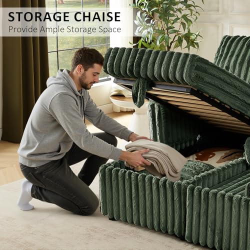 Image of KCGKCG 81 inch Sleeper Sofa Bed with Storage Chaise & USB Charging, Plush Corduroy L-Shaped Pull Out Couch Bed, Sectional Couches for Living Room with Cup Holder, Side Pocket(Green)