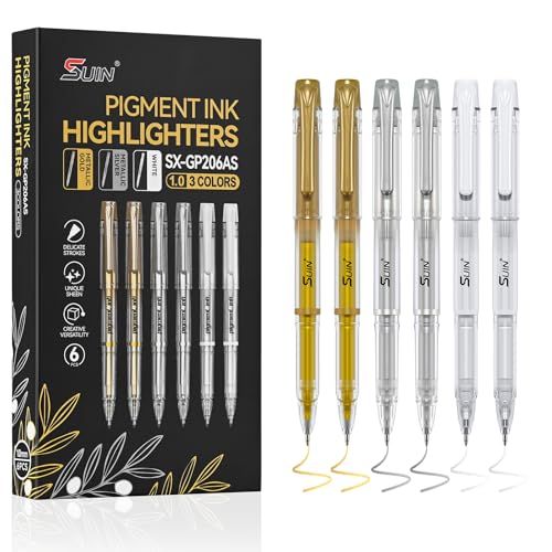 SUIN 6 Pack Metallic Gel Pens Set Gold Silver White Opaque Ink Pens for Black Paper 1.0mm Capped Art Markers for Adult Coloring Card Making & Illustration