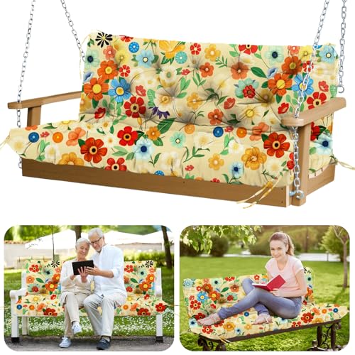 Image of Porch Swing Cushions Outdoor 48 inch Waterproof Extra Thick 5 inch Swing Cushions Replacement with Backrest and Ties for Outdoor Furniture Porch Patio Garden Lawn (Daisy Pattern)