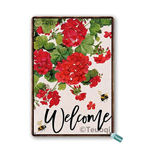 Easter Decor Tin Sign Welcome Spring Geranium Decorative Red Floral Flowers Bee Decorations Home Decor Mothers Day Metal Signs Spring Wall Decor 8X12 In #TOP17