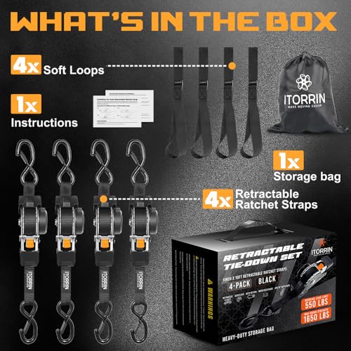 Image of Retractable Ratchet Straps - 4 Pack 1inch x 10ft Auto Tie Down with Soft Loops - Black - 1650 Lbs Break Strength - Self Retracting for Motorcycle, ATV, Truck, Cargo, Trailer, Boat, Kayak, Furniture