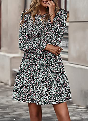 Image of KIRUNDO Long Sleeve Dress for Women 2025 Summer Fall Wedding Guest Smocked Floral Crewneck Ruffle A Line Flowy Mini Dress