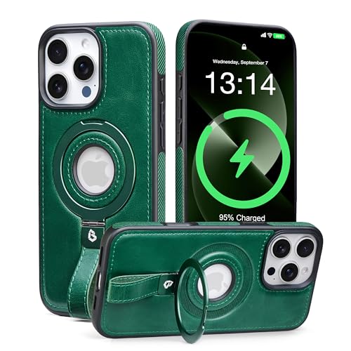 Butaiga for iPhone 14 Pro Max Case Leather Strap with Ring Stand, Green by Butaiga - Used condition - US$22.24