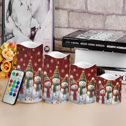 Image of Christmas LED Flameless Candles Set of 4, Knitted Snowman | Flameless Candle Set with Timer, Battery Operated, Fake Candles for cozy Christmas Living Room Table Centerpieces