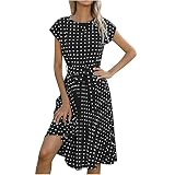 2023 Women's Summer Dress Cap Sleeve Round Neck Tie Waist Sundresses Polka Dot Flutter Pleated Casua