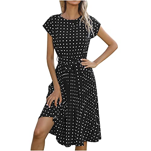 2023 Women's Summer Dress Cap Sleeve Round Neck Tie Waist Sundresses Polka Dot Flutter Pleated Casual Midi Dress #TOP22