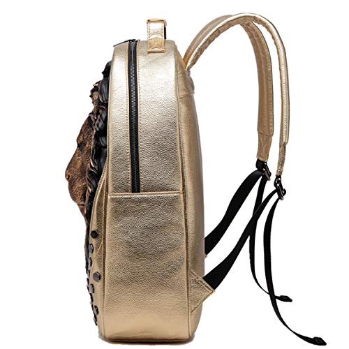 Guqimei Mens 3D Lion Pu Emboss Rivet Punk Backpack Rock Personality Laptop Bag Creative Travel Leisure, Gold, One Size #TOP3