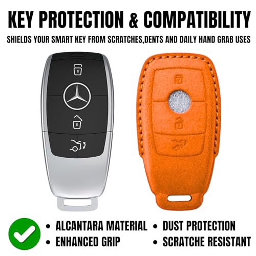Image of KMH Alcantara Car Key Cover Compatible with Mєrcєdєs W205, E320L, C200, C180, C260, C300 Series Model 3 Buttons Shell Case Holder Full Key Protector Smart Keycover with Keychain, Orange - Pack of 2
