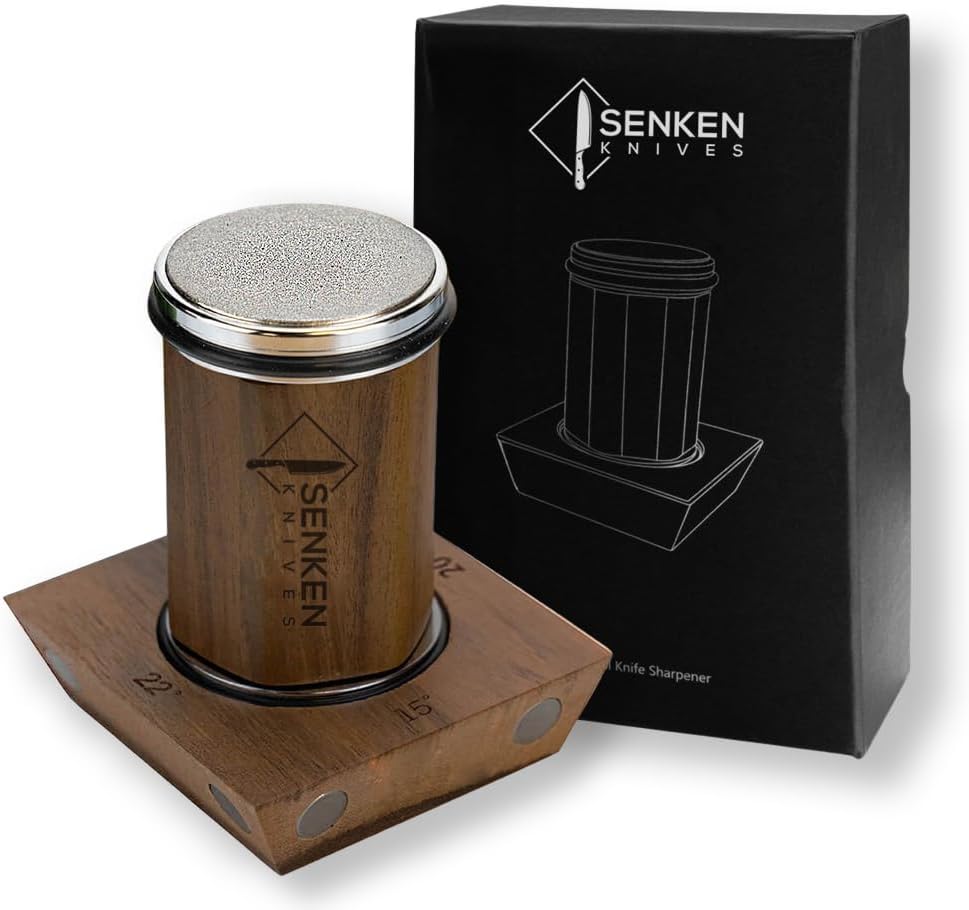 SENKEN Rolling Knife Sharpener with Solid Wood Magnetic Base - Sharpens at 4 Angles 15°, 18°, 20°, and 22° - Includes Diamond and Ceramic Discs