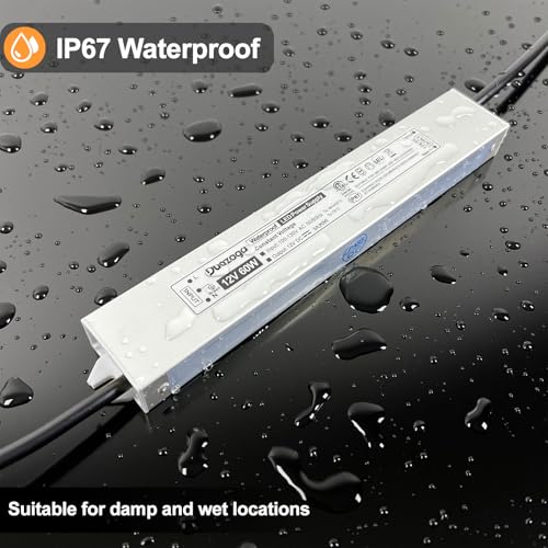Image of LED Driver 60W 5A 12 Volt Power Supply 120V AC to 12V DC Converter | IP67 Waterproof, ETL Listed Low Voltage Transformer, Slim Transformador, Plug with 4.4ft Cord for Outdoor LED Light and Sign