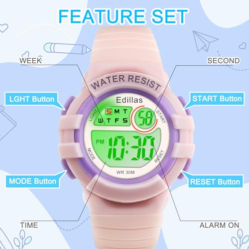 Image of Edillas Kids Watches Digital Girls Boys, 7 Colors Light Wrist Watch for Child Waterproof Sport Outdoor Multifunctional Wristwatches with Stopwatch /Alarm for Ages 4-15