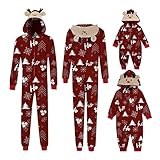 Weihnachten Pyjama Familien Damen Herren Kinder Jumpsuit Kuschelig Hoodie mit Reißverschluss Kapuze Weihnachts Schlafanzug Set Einteiler Nachtwäsche Overall Hausanzug für die ganze Familie