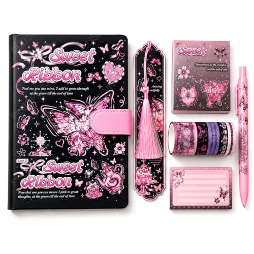 Image of PLUSPOINT Butterfly Aesthetic Scrapbook Kit for Girls - A5 Lock Diary Sweet Ribbons Theme with Stickers, Washi Tape, Memo Pads & Pen, Kawaii Journal Stationery Gift Set for DIY Scrapbooking