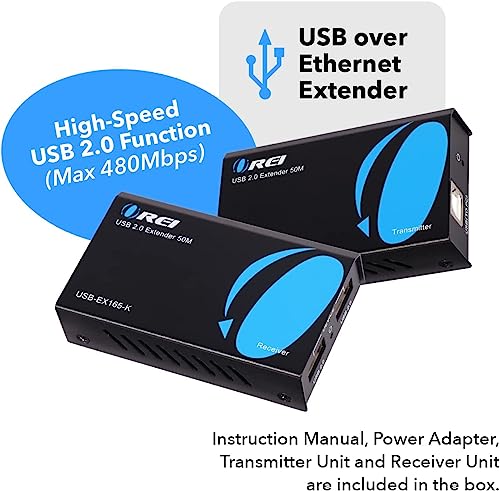 Image of OREI USB Over Cat5e /6 Extender Upto 165 Feet - Extends USB 2.0 Signal Over LAN Ethernet with 2 Ports - Power Over Cable for Long Distance Extension Supports All Operating System (USB-EX165-K) | USB Over CAT5 Extender, USB Over Ethernet Extender - 480Mbps, Plug & Play, No Drivers, USB-B to Dual USB-A