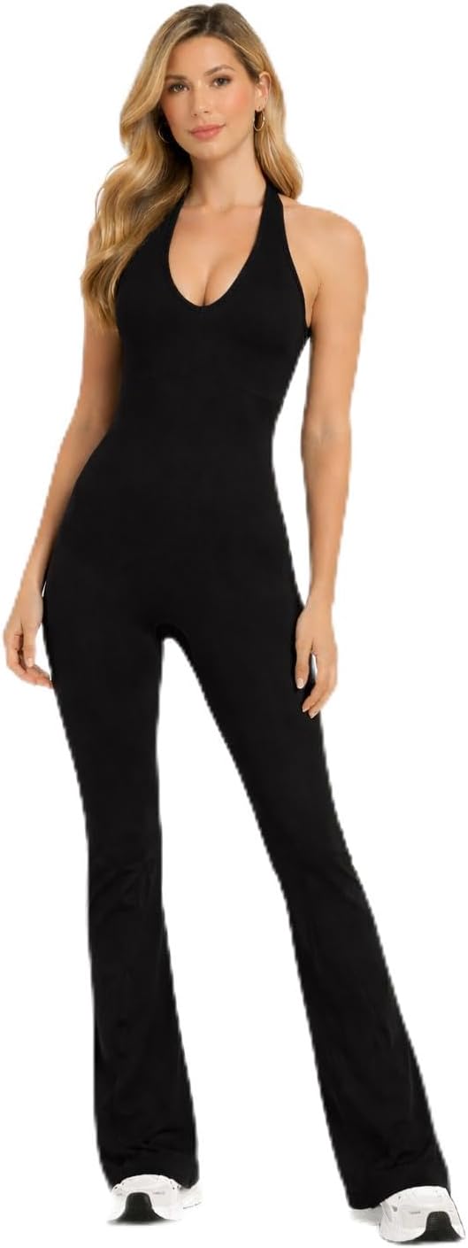 Women’s Halter Yoga Jumpsuit with Flare Leg Stretchy Sleeveless One Piece Workout Romper Slim Fit Yoga Gym