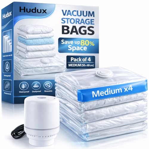Image of Pack Of 4 Medium 50 x 60 CM Vacuum Storage Compression Ziplock Bags With Electric Pump for Clothes, Blankets, Pillows, Bedding, Comforters - Airtight Reusable Packing Bags,Vacuum Bags