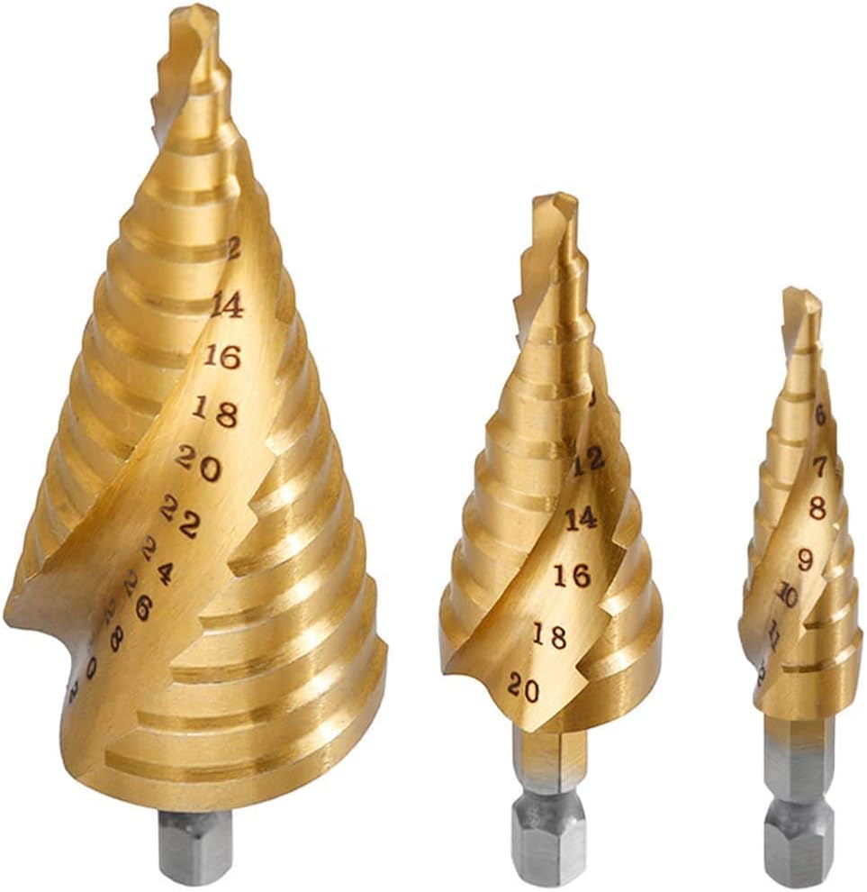 HYMNORQMetric Titanium Coated HSS Spiral Groove Step Drill Bit Set of 3pcs 4-12/4-20/4-32mm with 1/4" Hex Shank Packed in Reusable Case for Cutting Holes in Iron Plate Aluminum Plate, etc.
