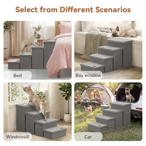 Image of Zerbuger Dog Stairs with Storage 23 inch H, 4-Step Wider Dog Steps for High Beds Window, Folding Sturdy Pet Stairs Gift for Injured Old Dogs Cats, Ramp for Climbing Car Up to 200 lbs,(Gray, No Condo)