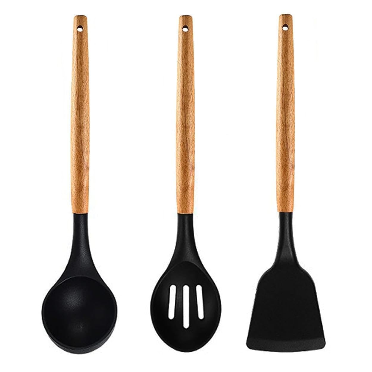 Wooden Spatula Black Kitchen Utensil Silicone Cooking Tools Wood Handles Ladle Slotted Turner Non Stick Utensils Handle Cookware Heat Resistant Silicon Kitchen (Set of 3)-image-22
