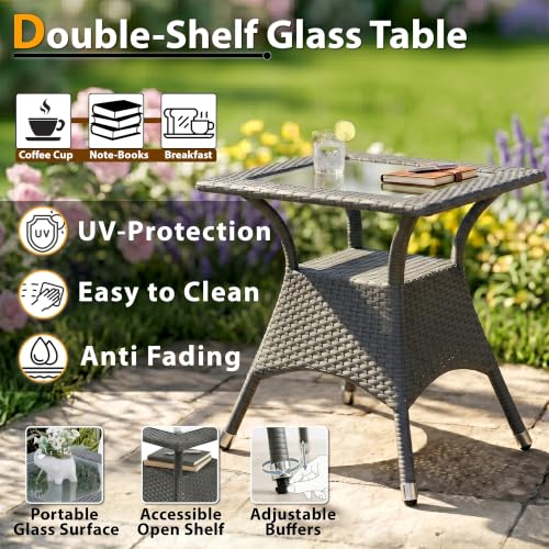 Image of BRISHI 3-Piece Outdoor Rattan Wicker Patio Square Coffee Table Set | Garden Furniture for Balcony, Terrace, Poolside & Porch | Waterproof Bistro Sets for Home & Backyard (Grey)