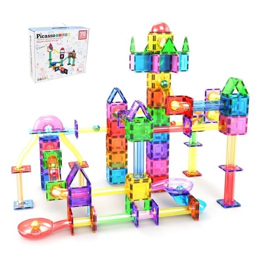 PicassoTiles 70pc Marble Run Magnetic Tiles STEM Set for Kids Ages 3 and Older Magnet Tile Marbles Maze Building Blocks Brain Development Toy Preschool Educational Learning Construction Playset PTG70