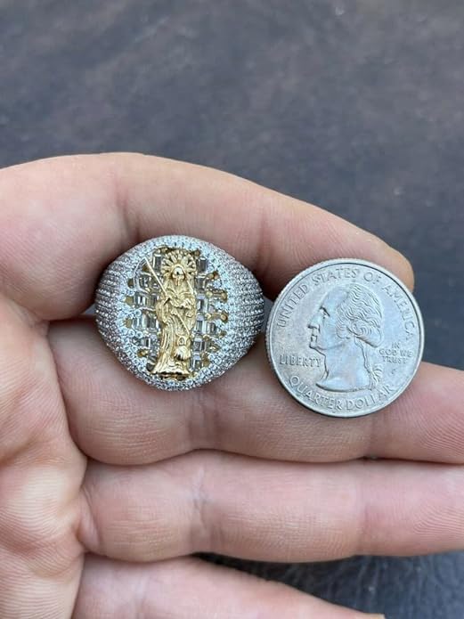 Harlembling Solid 925 Silver & 14k Gold Baguette Ring - Grim Reaper Santa Muerte Ring - Iced Hip Hop Ring - Saint Of The Dead Ring4