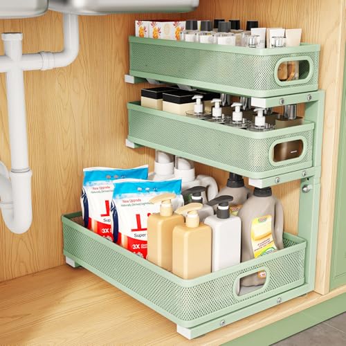 Image of Kitstorack Under Sink Organizer, 1-Pack 3-Tier Height Adjustable Thickened Metal Pull out Cabinet Organizer Shelf, Slide out Storage Drawer Rack for Bathroom Kitchen Pantry Home Organization, Green