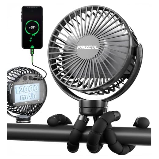FRIZCOL Portable Stroller Fan, Use As Power Bank, 55H 12000mAh Battery Operated Fan Flexible Tripod Baby Car Seat Fan, Personal Mini Handheld/Desk/Small Clip On Fans For Stroller, Carseat (Black)