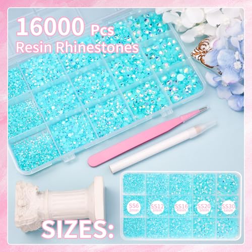Image of 16000 Pcs Resin Rhinestones for Crafting, Flatback Blue Gems Jelly Rhinestones, Mixed Sizes Blue Bedazzling Crystal with Pickup Tool for DIY Crafts Clothing Tumblers Mugs Shoes Fabric Nail Art