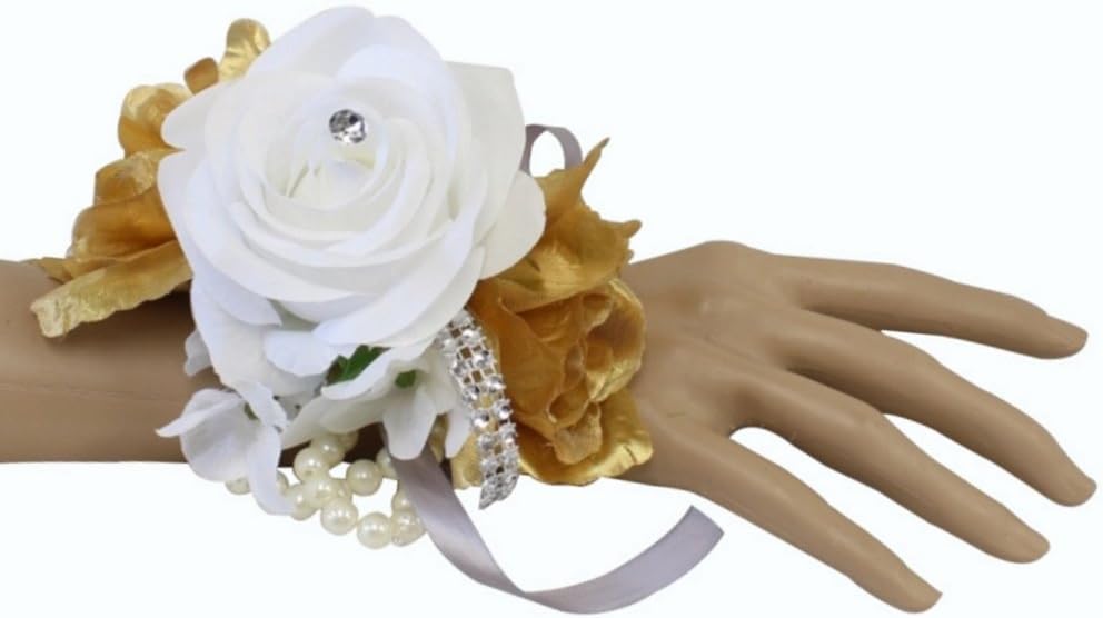 Angel Isabella Wrist Corsage-Keepsake Artificial Roses Hydrangea Large Wrist Flower Flower Prom Dance Graduation Events (Metallic Gold White)